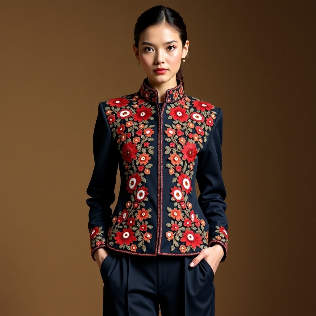 Luxury Sapphire Leaf Embroidered Designer Blazer