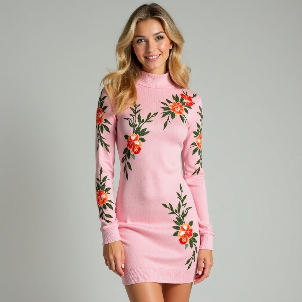 Elegant Rose Bloom Embroidery Sweater Dress