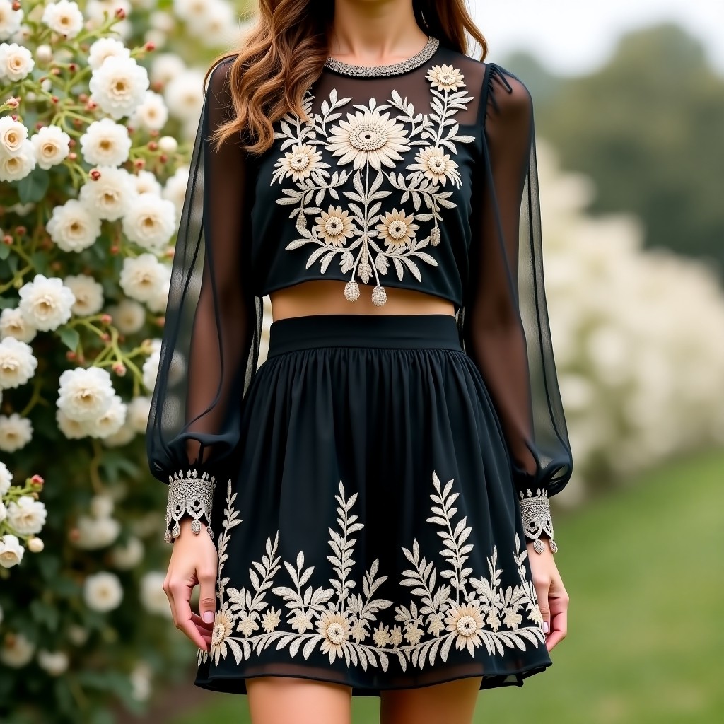 Royal Sapphire Blossom Embroidered Women's Designer Skirt & Crop Top Set