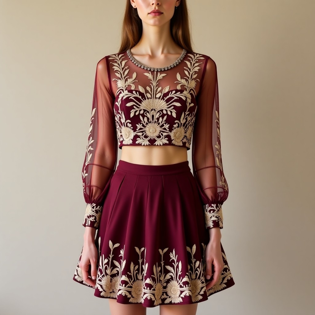 Diamond Prestige Royal Blossom Embroidered Couture Skirt & Crop Top Set