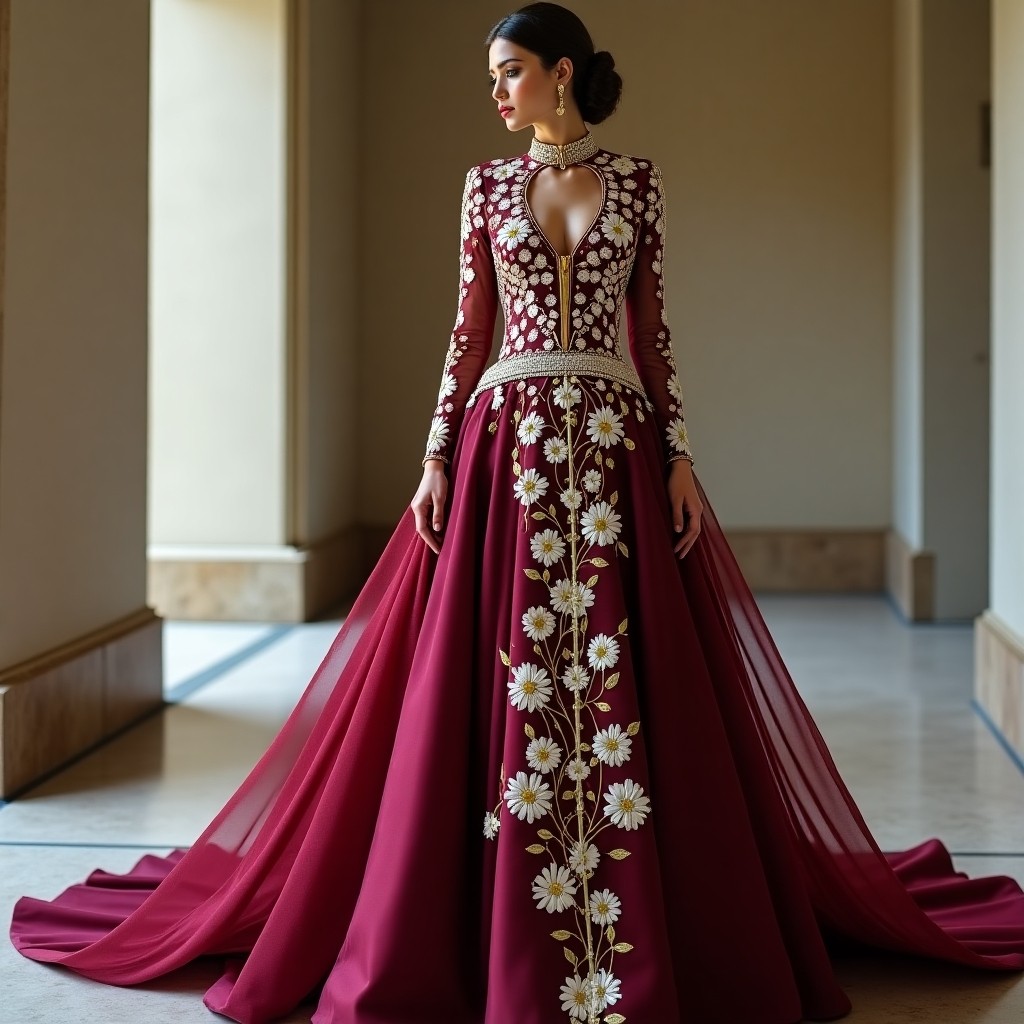 Burgundy Gold Embroidered Abaya Style Gown