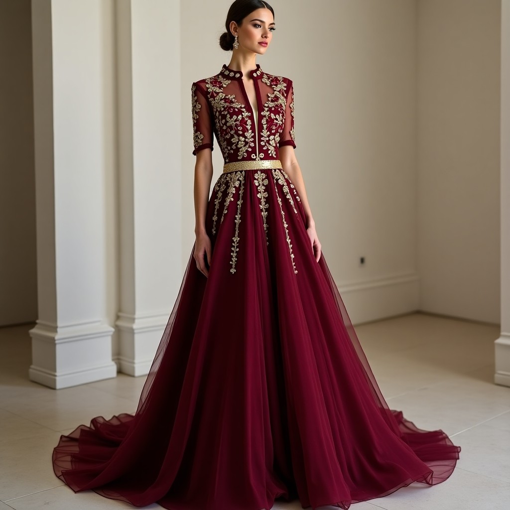 Elegant Burgundy Floral Abaya Gown