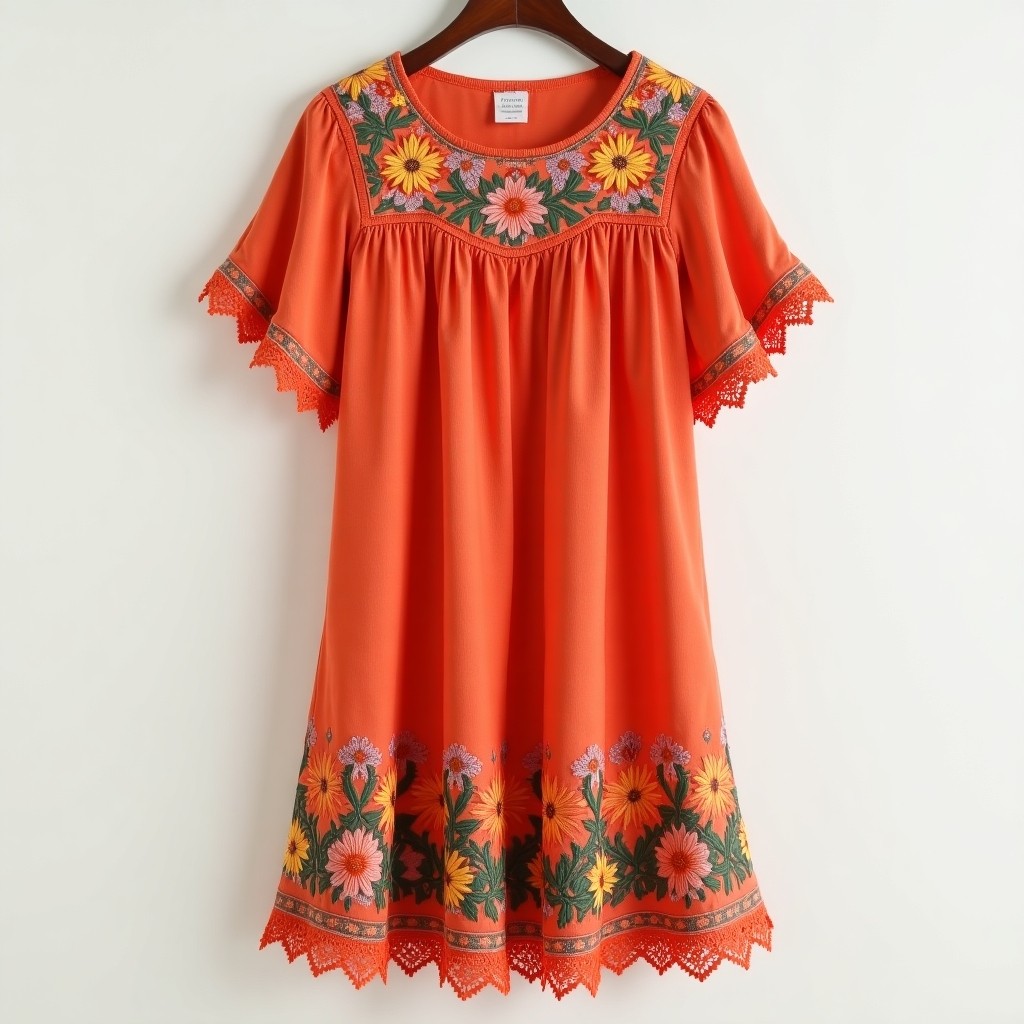 Bohemian Embroidered Floral Neckline Dress